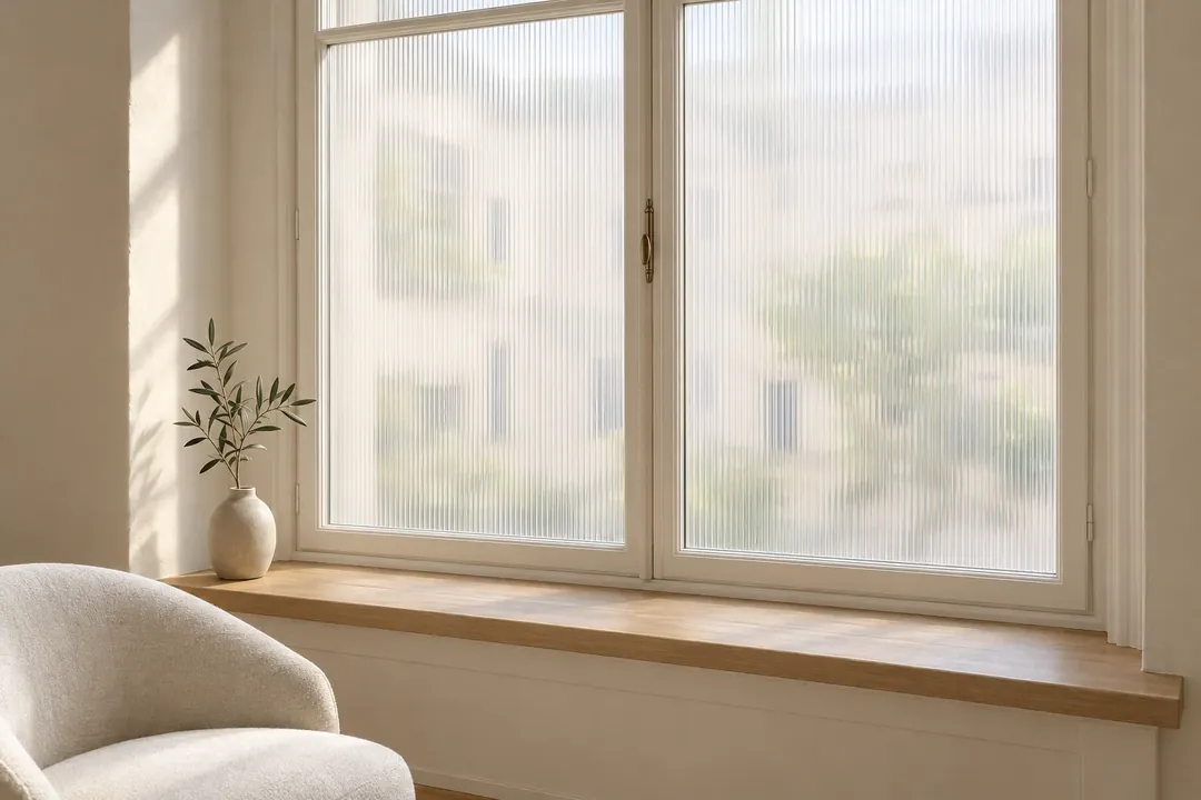 The same window with reeded film: daylight comes in and the street is blurred